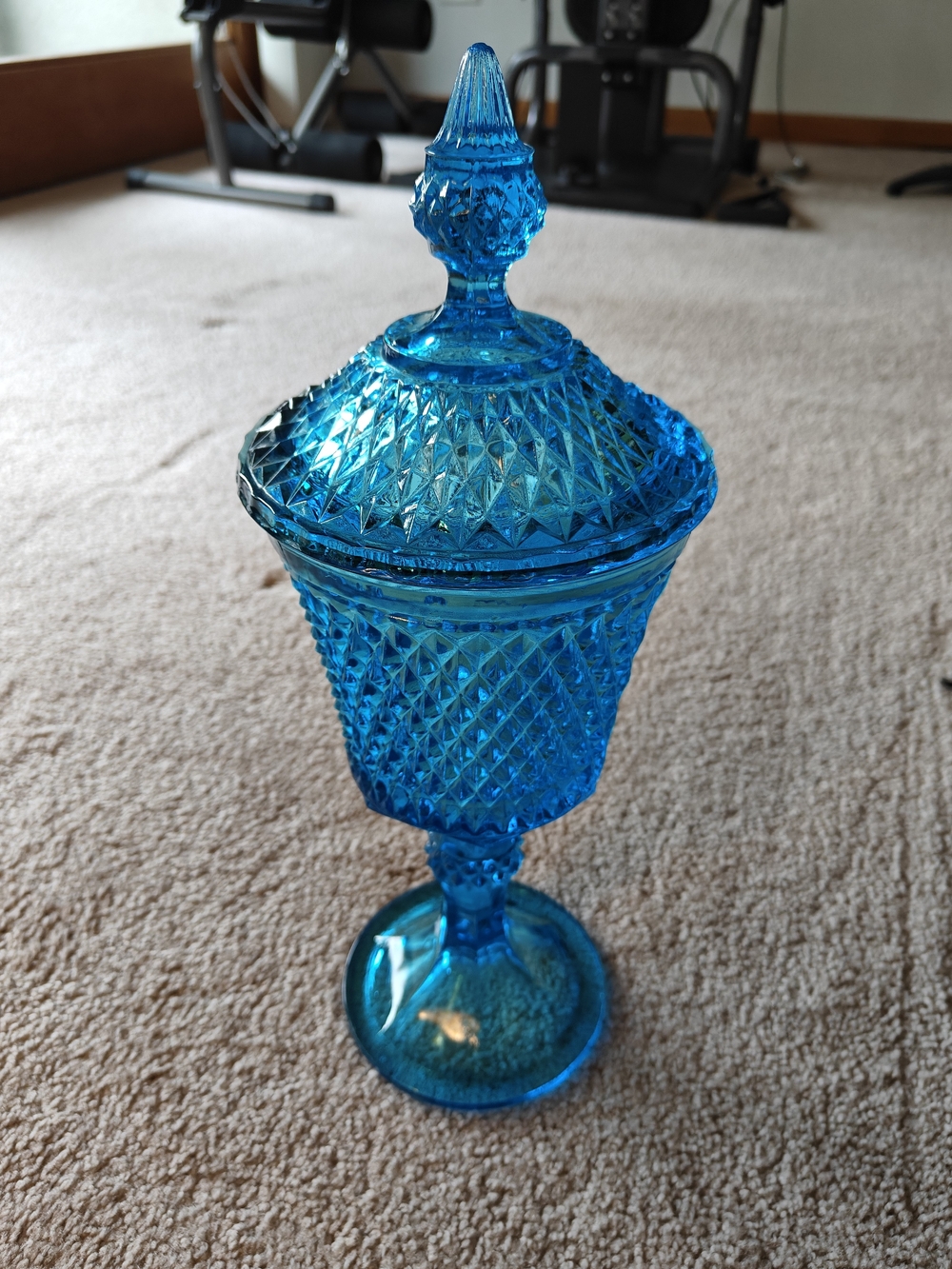 Vintage Indiana Glass Blue Pressed Glass Covered Pedestal Candy Dish/Jar